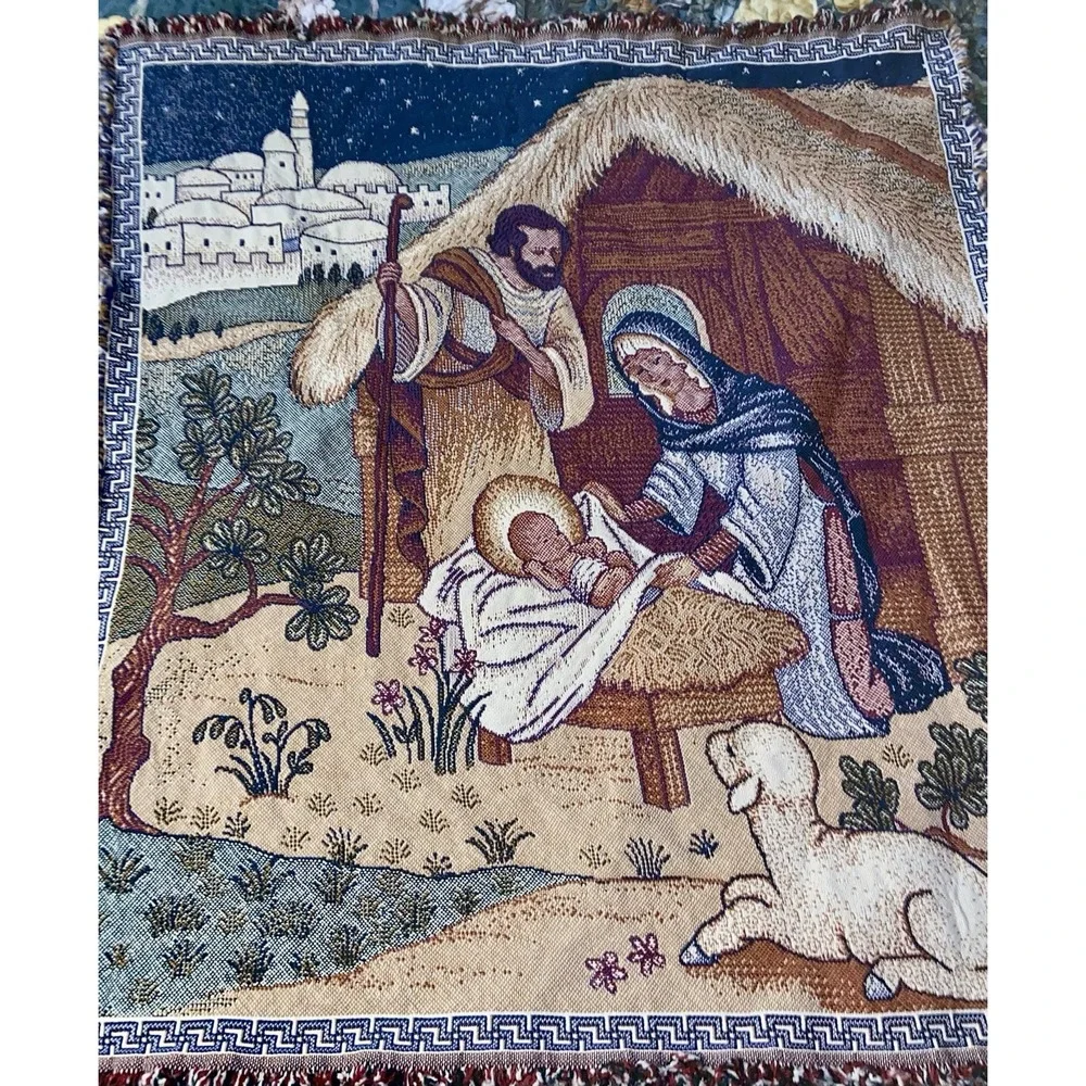 Vtg USA Woven Nativity Tapestry Throw Blanket Mary Joseph Jesus Christmas **